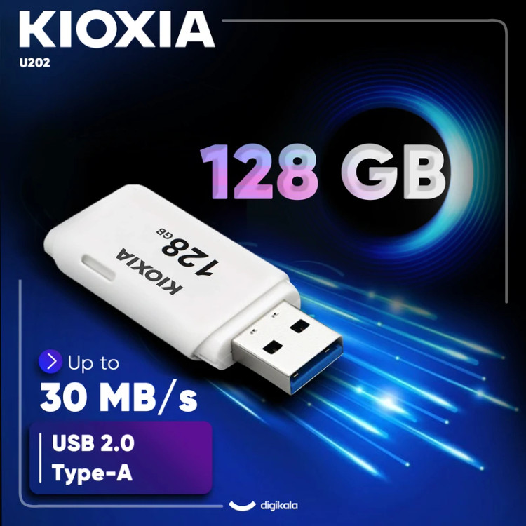 فلش مموری کیوکسیا مدل U202 ظرفیت 128 گیگابایت درپوشدار با رابط USB 2.0 و سرعت انتقال 30 مگابایت بر ثانیه، سازگار با کامپیوتر، لپتاپ، موبایل، تبلت و تلویزیون