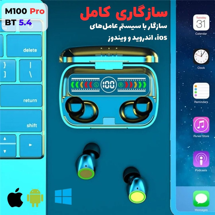 هدفون بلوتوثی مدل M100 PRO با نویز کنسلینگ فعال (ANC)، درگاه شارژ USB Type-C، دارای نشانگر LED، مقاوم در برابر رطوبت و عرق