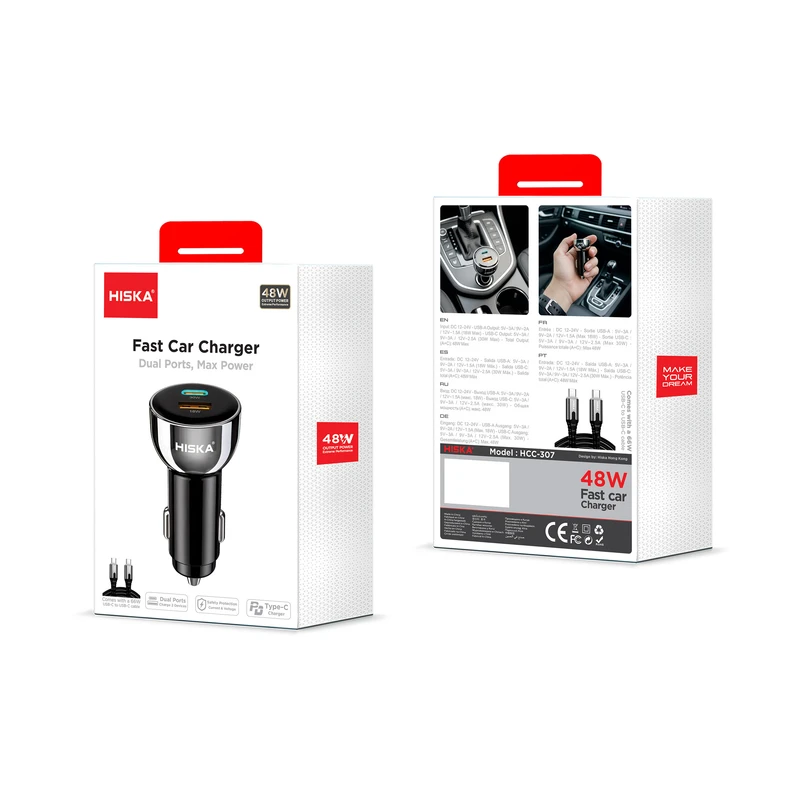 شارژر فندکی هیسکا مدل HCC-307 ظرفیت ۴۸ وات با قابلیت شارژ سریع