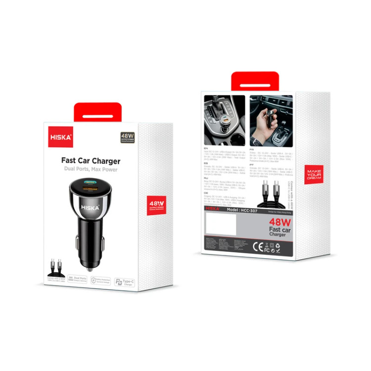 شارژر فندکی هیسکا مدل HCC-307 ظرفیت ۴۸ وات با قابلیت شارژ سریع